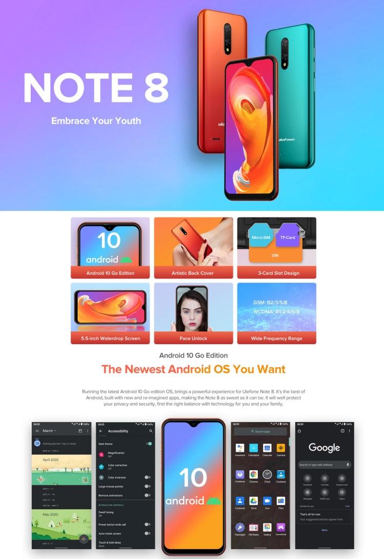 歐樂風 Note 8 2GB+16GB，雙后攝/臉部識別，5.5英寸 安卓10.0 GO ，MKT6580四核，3G網絡 雙卡