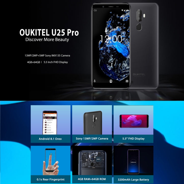 OUKITEL U25 Pro 4GB+64GB 雙后攝像頭,指紋識別, 5.5寸屏安卓8.1, MTK6750T八核1.5GHz主頻, 雙卡4G網絡, OTG, OTA