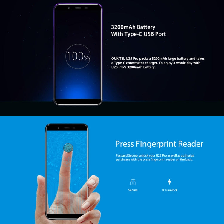 OUKITEL U25 Pro 4GB+64GB 雙后攝像頭,指紋識別, 5.5寸屏安卓8.1, MTK6750T八核1.5GHz主頻, 雙卡4G網絡, OTG, OTA