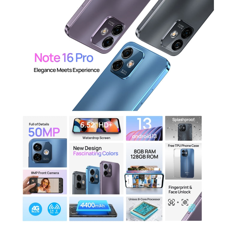 歐樂風Note 16 Pro 8GB+128GB  臉部識別/側鍵指紋, 6.52寸屏安卓13 Unisoc T606八核, 4G網絡, 雙卡, OTG