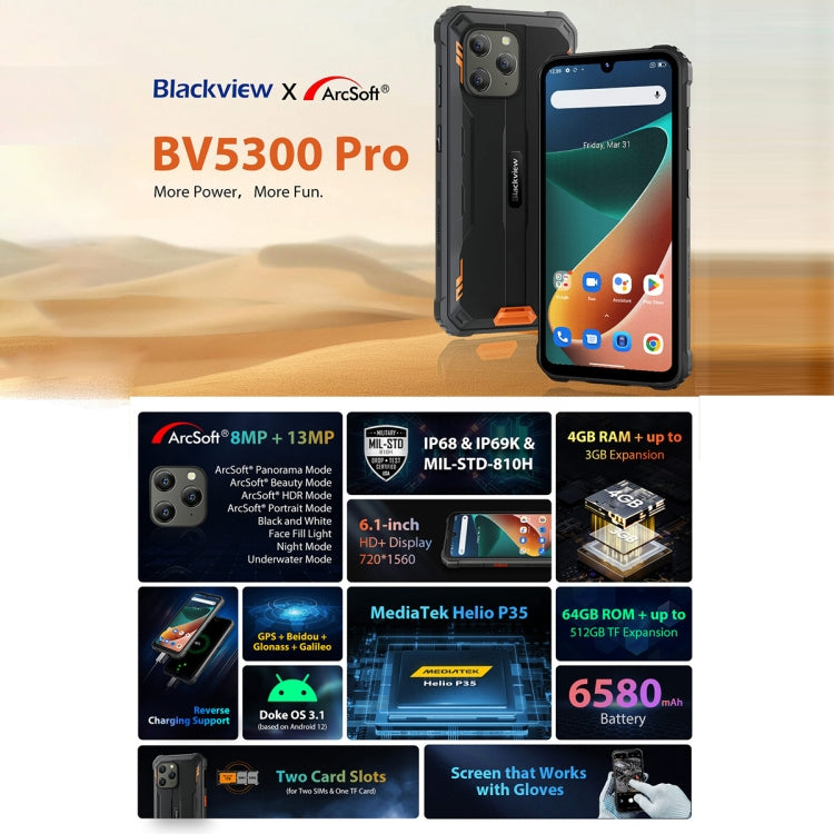 Blackview BV5300 Pro  4GB+64GB IP68三防手機 6580毫安 6.1英寸安卓12, MTK6765 Helio P35八核, 4G網絡, OTG, NFC, 雙卡