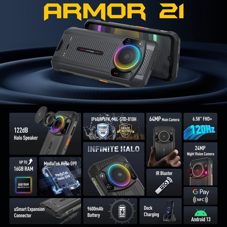 歐樂風Ulefone Armor 21  8GB+256GB，夜視 6.58英寸IP68/IP69K三防機,  安卓13, MediaTek Helio G99八核4G網絡 OTG, NFC, 國際版自帶谷歌商店