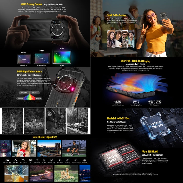 歐樂風Ulefone Armor 21  8GB+256GB，夜視 6.58英寸IP68/IP69K三防機,  安卓13, MediaTek Helio G99八核4G網絡 OTG, NFC, 國際版自帶谷歌商店  , Armor 21