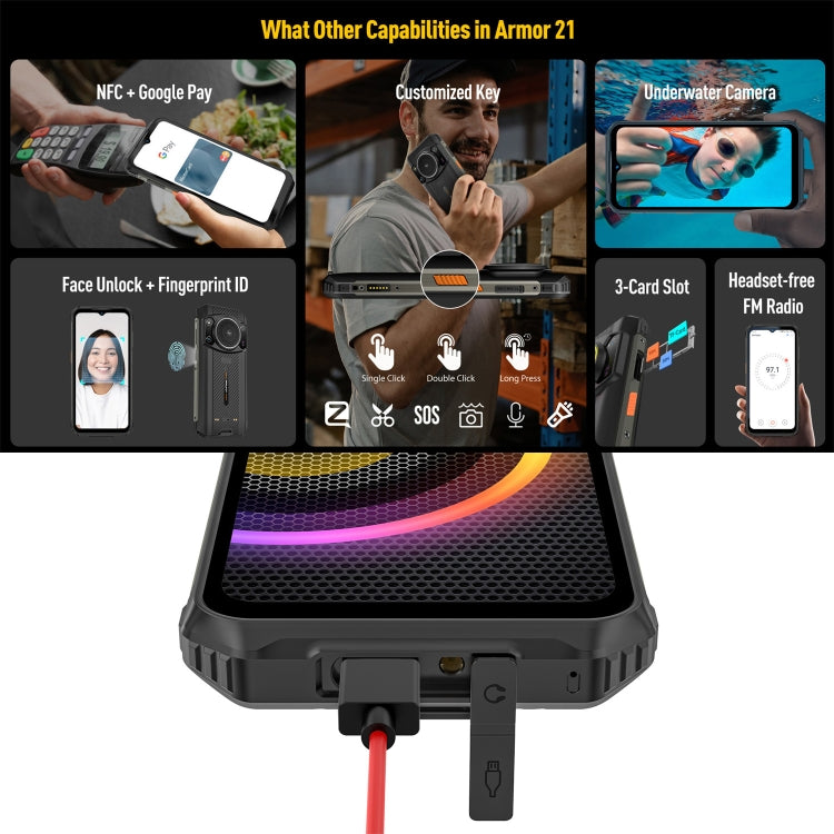 歐樂風Ulefone Armor 21  8GB+256GB，夜視 6.58英寸IP68/IP69K三防機,  安卓13, MediaTek Helio G99八核4G網絡 OTG, NFC, 國際版自帶谷歌商店  , Armor 21