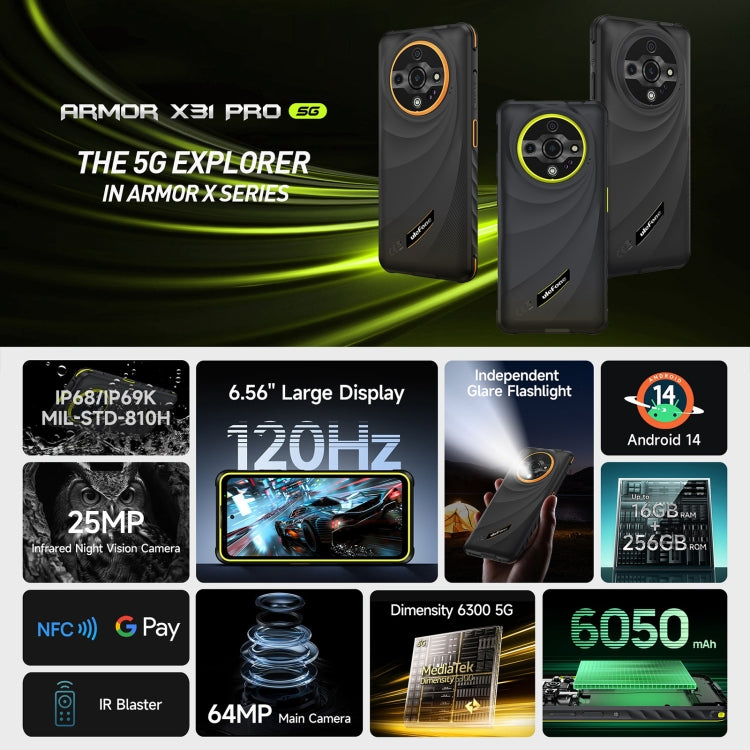 Ulefone Armor X31 Pro 5G，8GB+256GB，夜視，IP68/IP69K三防機  6.56英寸安卓14 天璣6300八核, 網絡：5G, NFC, OTG
