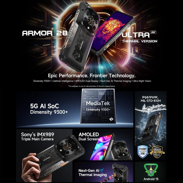 Ulefone Armor 28 Ultra 熱成像三防機  16GB+1TB,  夜視，6.67英寸安卓14 天璣9300+八核, 網絡：5G, NFC