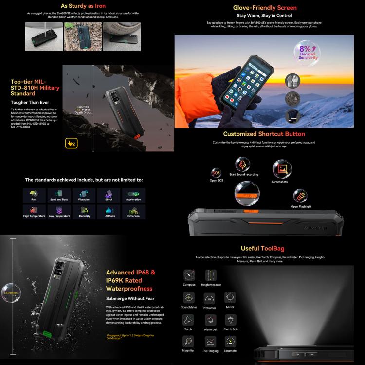 Blackview BV4800 SE三防機，4GB+64GB, 6.56英寸安卓15 UMS9320E T615四核, 網絡：4G, OTG, NFC