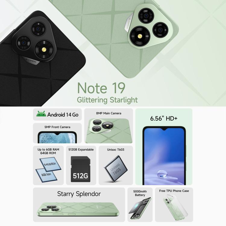 歐樂風Ulefone Note 19, 3GB+32GB, 面部/側鍵指紋 6.56寸屏安卓14 Go Unisoc T603八核, 4G網絡, 雙卡, OTG