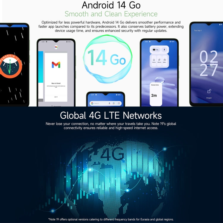 歐樂風Ulefone Note 19, 3GB+32GB, 面部/側鍵指紋 6.56寸屏安卓14 Go Unisoc T603八核, 4G網絡, 雙卡, OTG