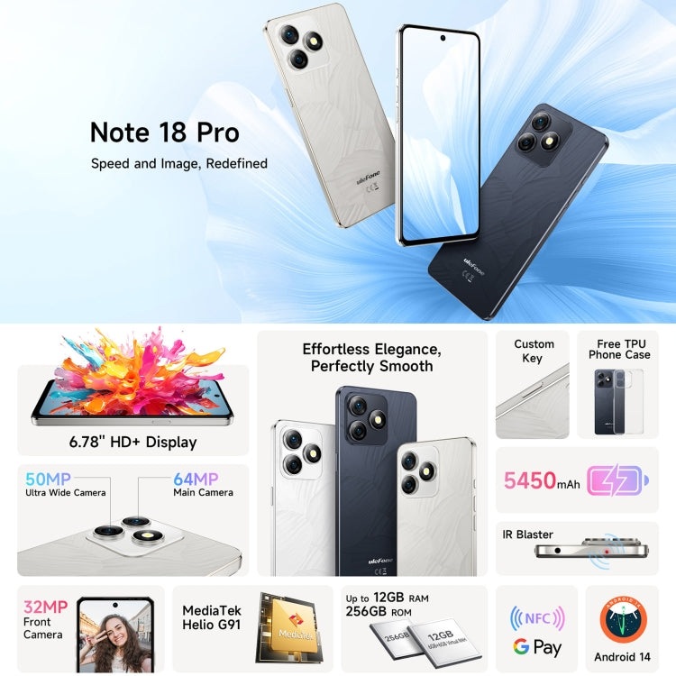 歐樂風Ulefone Note 18 Pro, 6GB+256GB, 面部/側鍵指紋 6.78寸屏安卓14 MediaTek Helio G91 MTK6769八核, 4G網絡, 雙卡, OTG, NFC