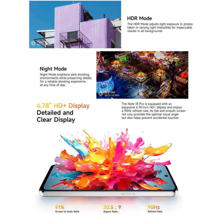 歐樂風Ulefone Note 18 Pro, 6GB+256GB, 面部/側鍵指紋 6.78寸屏安卓14 MediaTek Helio G91 MTK6769八核, 4G網絡, 雙卡, OTG, NFC