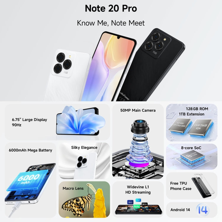 歐樂風Ulefone Note 20 Pro, 4GB+128GB, 面部/側鍵指紋 6.75寸屏安卓14 Unisoc T606八核, 4G網絡, 雙卡, OTG
