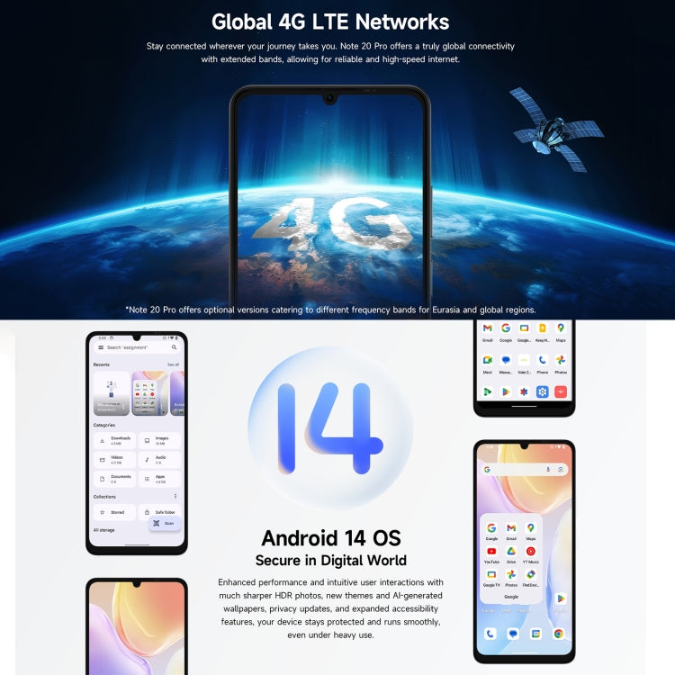 歐樂風Ulefone Note 20 Pro, 4GB+128GB, 面部/側鍵指紋 6.75寸屏安卓14 Unisoc T606八核, 4G網絡, 雙卡, OTG