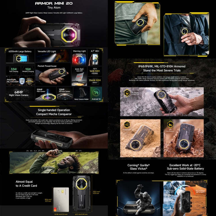 Ulefone Armor Mini 20 ，夜視，8GB+256GB，IP68/IP69K三防機  4.7英寸安卓14 MediaTek 天璣6300 八核, 網絡：4G, NFC, OTG