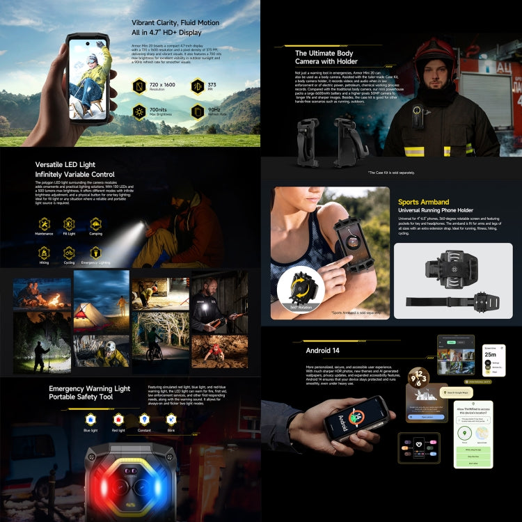 Ulefone Armor Mini 20 ，夜視，8GB+256GB，IP68/IP69K三防機  4.7英寸安卓14 MediaTek 天璣6300 八核, 網絡：4G, NFC, OTG