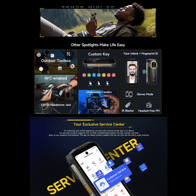 Ulefone Armor Mini 20 ，夜視，8GB+256GB，IP68/IP69K三防機  4.7英寸安卓14 MediaTek 天璣6300 八核, 網絡：4G, NFC, OTG