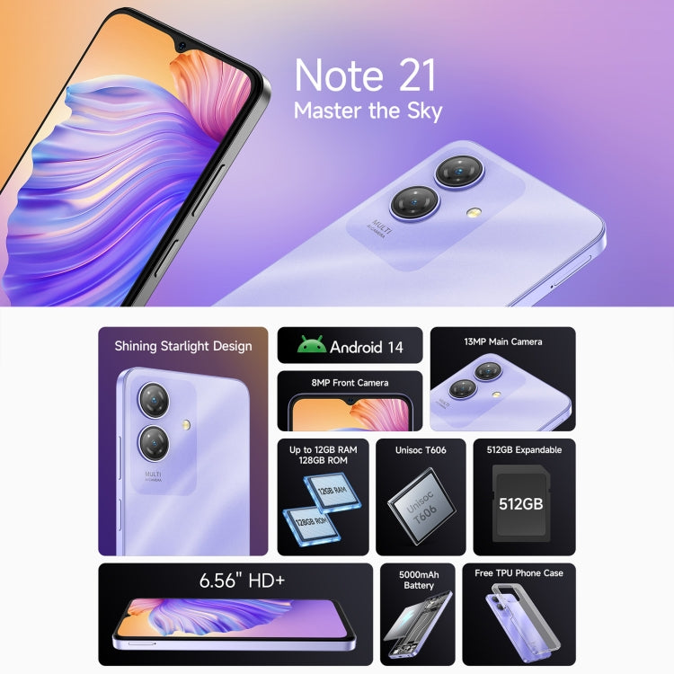 歐樂風Ulefone Note 21, 4GB+128GB, 面部/指紋識別 6.56寸屏安卓14 Unisoc T606八核, 4G網絡, 雙卡, OTG