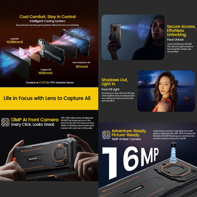 Blackview BV6200 Plus，8GB+256GB，IP68/IP69K三防機  6.56英寸安卓14 UMS9230 T606八核, 網絡：4G, OTG, NFC