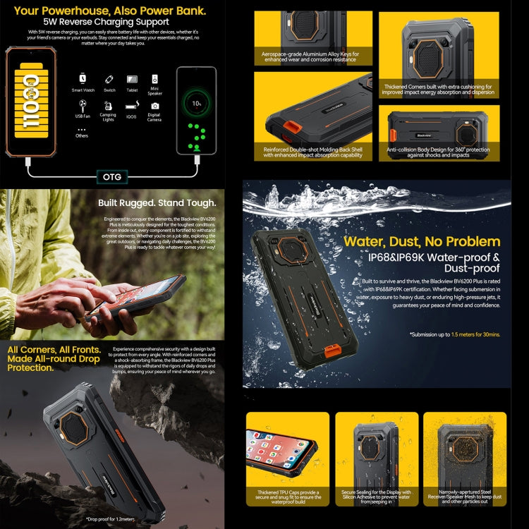 Blackview BV6200 Plus，8GB+256GB，IP68/IP69K三防機  6.56英寸安卓14 UMS9230 T606八核, 網絡：4G, OTG, NFC