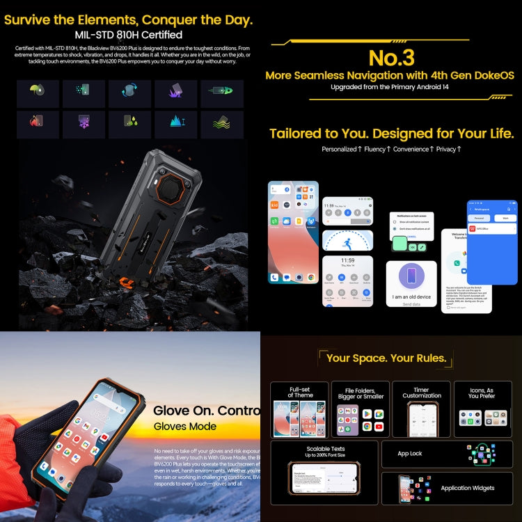 Blackview BV6200 Plus，8GB+256GB，IP68/IP69K三防機  6.56英寸安卓14 UMS9230 T606八核, 網絡：4G, OTG, NFC