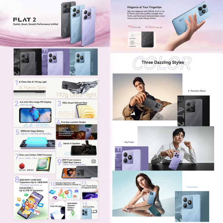 Blackview Oscal FLAT 2，4GB+128GB，6.6英寸安卓14  Unisoc T606八核,  4G網絡  , 6GB+256GB