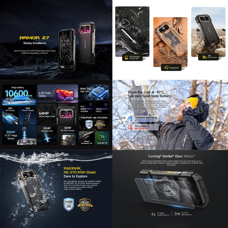 Ulefone Armor 27三防機, 12GB+256GB, 夜視，6.78英寸安卓14 MediaTek Helio G99八核, 網絡：4G, NFC, OTG