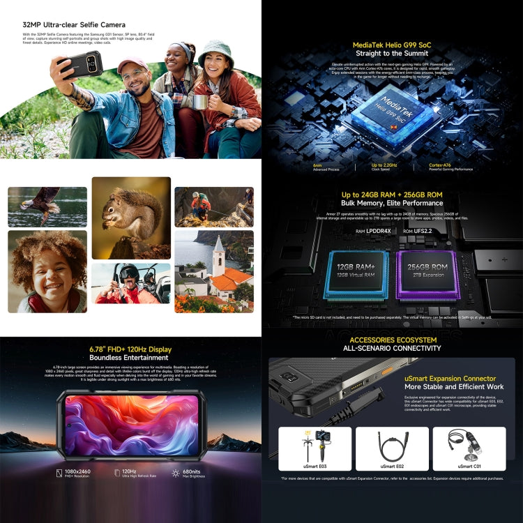 Ulefone Armor 27三防機, 12GB+256GB, 夜視，6.78英寸安卓14 MediaTek Helio G99八核, 網絡：4G, NFC, OTG
