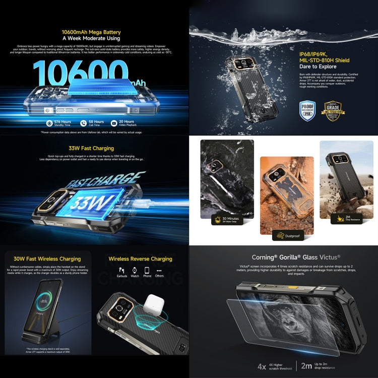 Ulefone Armor 27T三防機, 12GB+256GB, 熱像儀夜視，6.78英寸安卓14 MediaTek Helio G99八核, 網絡：4G, NFC, OTG