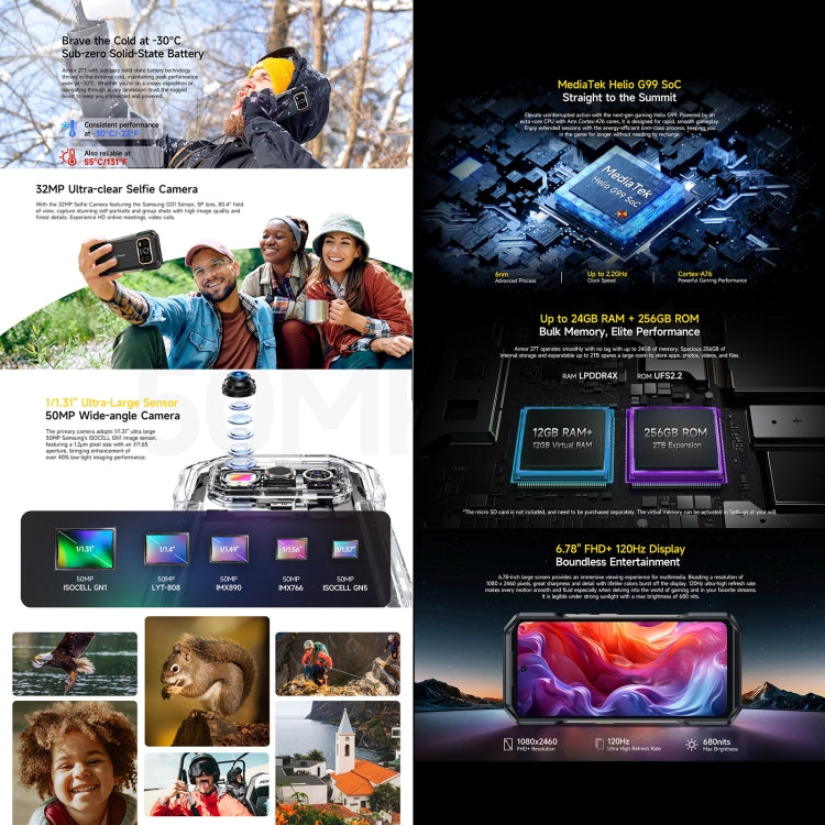 Ulefone Armor 27T三防機, 12GB+256GB, 熱像儀夜視，6.78英寸安卓14 MediaTek Helio G99八核, 網絡：4G, NFC, OTG