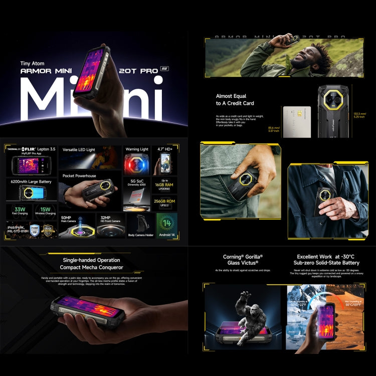 Ulefone Armor Mini 20 Pro，熱像，8GB+256GB，IP68/IP69K三防機  4.7英寸安卓14 MediaTek 天璣6300 5G八核, 網絡：5G, NFC, OTG