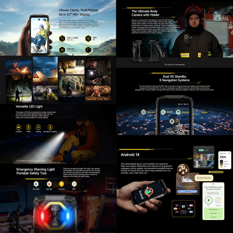 Ulefone Armor Mini 20 Pro，熱像，8GB+256GB，IP68/IP69K三防機  4.7英寸安卓14 MediaTek 天璣6300 5G八核, 網絡：5G, NFC, OTG