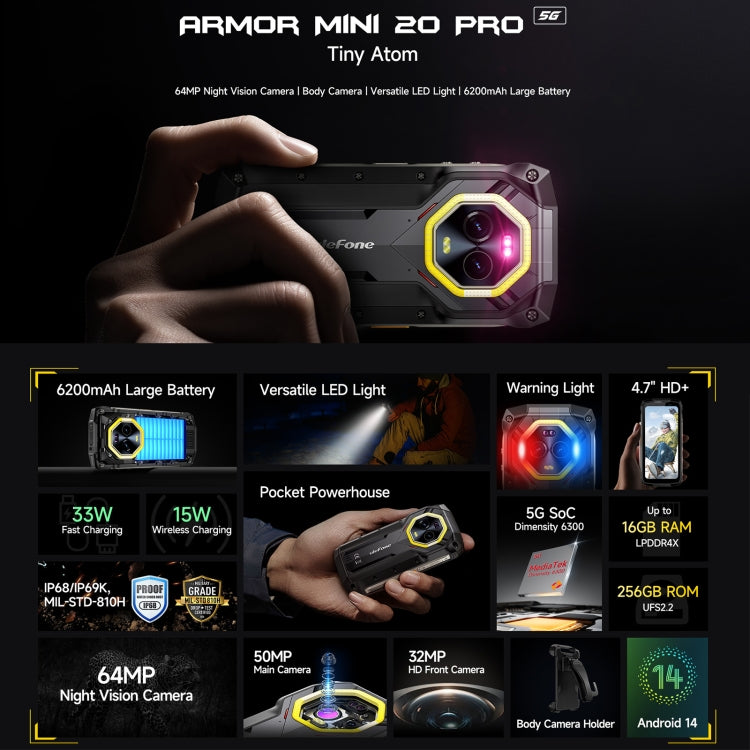 Ulefone Armor Mini 20 Pro，8GB+256GB，IP68/IP69K三防機  4.7英寸安卓14 MediaTek 天璣6300 5G八核, 網絡：5G, NFC, OTG
