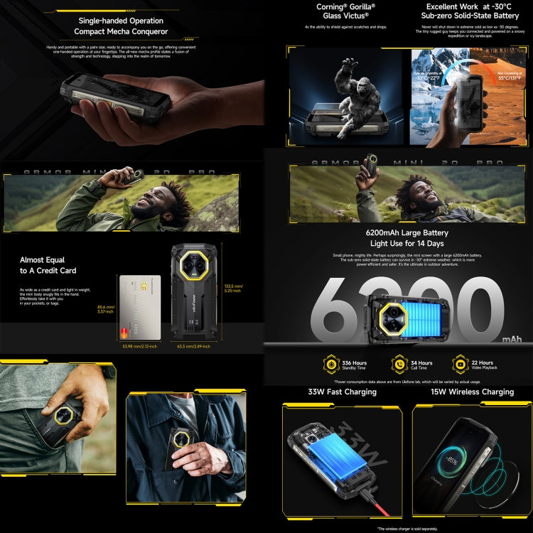 Ulefone Armor Mini 20 Pro，8GB+256GB，IP68/IP69K三防機  4.7英寸安卓14 MediaTek 天璣6300 5G八核, 網絡：5G, NFC, OTG
