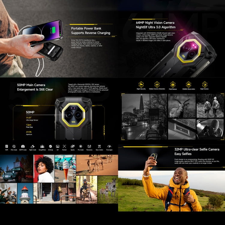 Ulefone Armor Mini 20 Pro，8GB+256GB，IP68/IP69K三防機  4.7英寸安卓14 MediaTek 天璣6300 5G八核, 網絡：5G, NFC, OTG