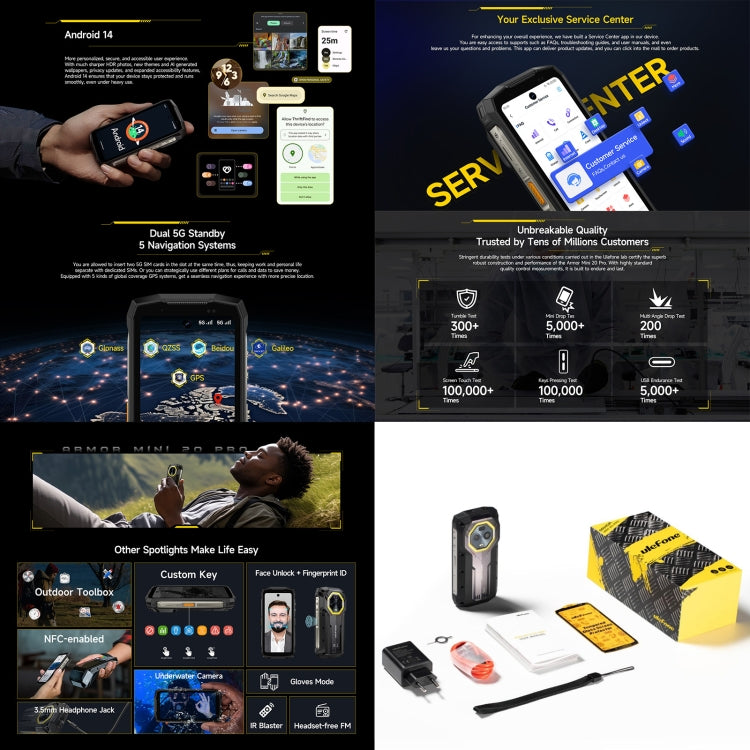 Ulefone Armor Mini 20 Pro，8GB+256GB，IP68/IP69K三防機  4.7英寸安卓14 MediaTek 天璣6300 5G八核, 網絡：5G, NFC, OTG