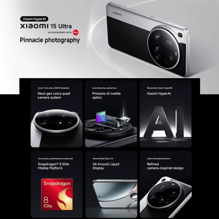 小米Xiaomi  15 Ultra國際版，16GB+512GB，3D 超聲波指紋, 6.73英寸Xiaomi HyperOS 2 驍龍8至尊版移動平台八核, NFC, 5G網絡