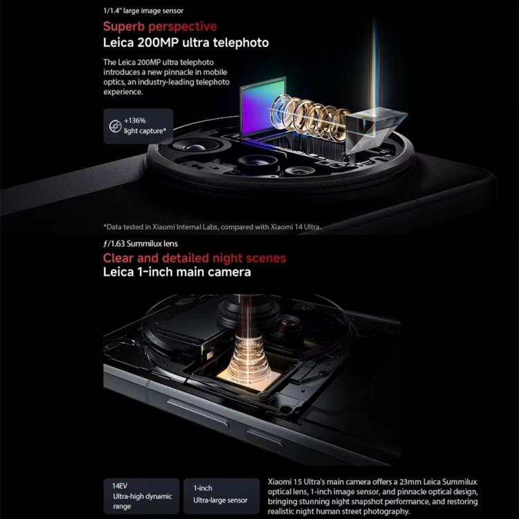 小米Xiaomi  15 Ultra國際版，16GB+512GB，3D 超聲波指紋, 6.73英寸Xiaomi HyperOS 2 驍龍8至尊版移動平台八核, NFC, 5G網絡