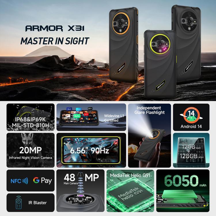 Ulefone Armor X31，6GB+128GB，夜視，IP68/IP69K三防機  6.56英寸安卓14 MediaTek Helio G91八核, 網絡：4G, NFC, OTG