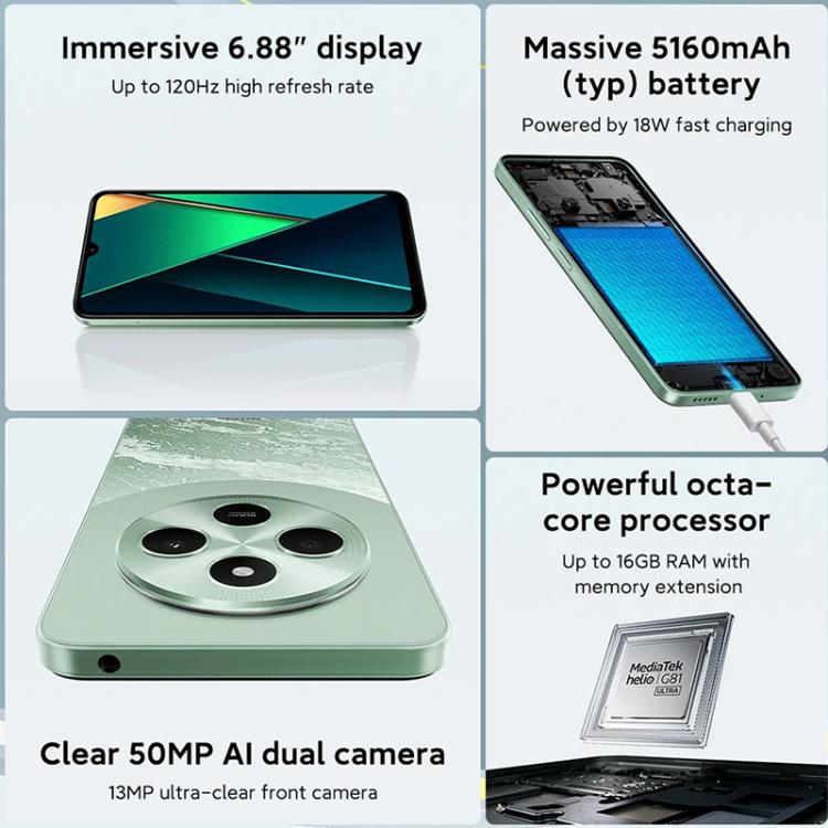 Xiaomi POCO C75國際版，8GB+256GB，側鍵指紋，6.88英寸Xiaomi HyperOS Helio G81-Ultra八核，NFC，網絡：4G