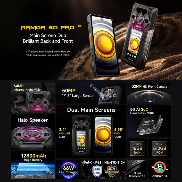 Ulefone Armor 30 Pro IP68/IP69K三防機 16GB+512GB，夜視 6.95英寸+3.4英寸雙屏,  安卓14聯發科天璣7300X八核5G網絡 OTG, NFC