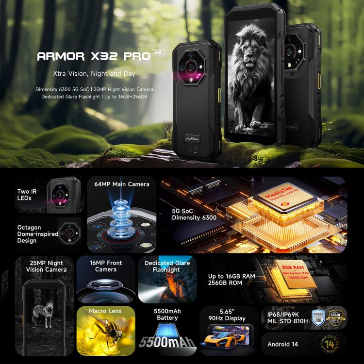 Ulefone Armor X32 Pro 5G，8GB+256GB，夜視，IP68/IP69K三防機  5.65英寸安卓14 天璣6300八核, 網絡：5G, NFC, OTG
