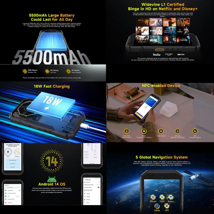 Ulefone Armor X32 Pro 5G，8GB+256GB，夜視，IP68/IP69K三防機  5.65英寸安卓14 天璣6300八核, 網絡：5G, NFC, OTG