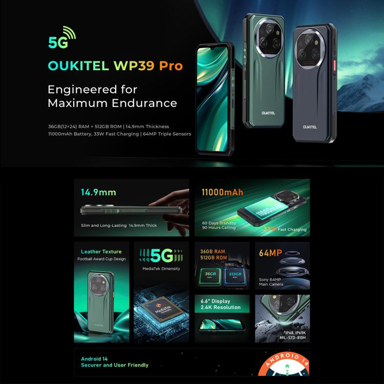 Oukitel WP39 Pro 5G，12GB+512GB，夜視，IP68/IP69K三防機, 6.6英寸聯發科天璣6300八核，NFC, OTG, 網絡：5G