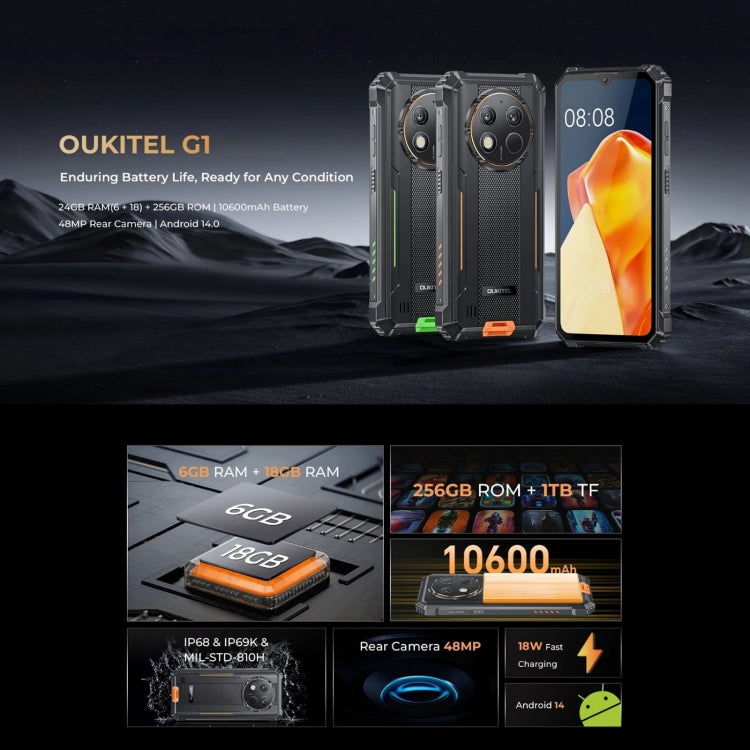 Oukitel G1，6GB+256GB，三防機, 6.52英寸按照14， T606八核，NFC, OTG, 網絡：4G