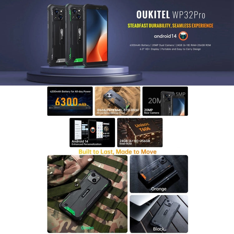 Oukitel WP32 Pro，6GB+256GB，IP68/IP69K三防機, 6英寸安卓14  T606八核，OTG, 網絡：4G