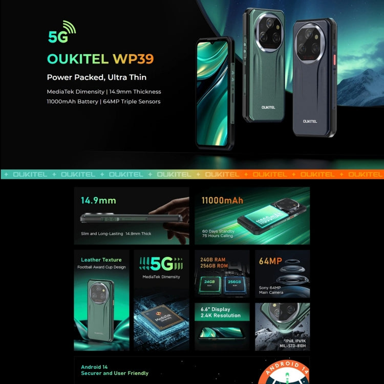 Oukitel WP39 Pro 5G，6GB+256GB，IP68/IP69K三防機, 6.6英寸聯發科天璣6100+八核，NFC, OTG, 網絡：5G