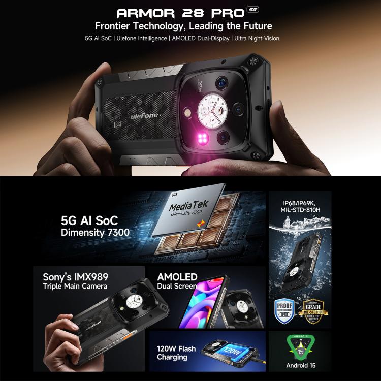 Ulefone Armor 28 Pro 三防機  16GB+512GB,  夜視，6.67英寸安卓15天璣7300八核, 網絡：5G, NFC
