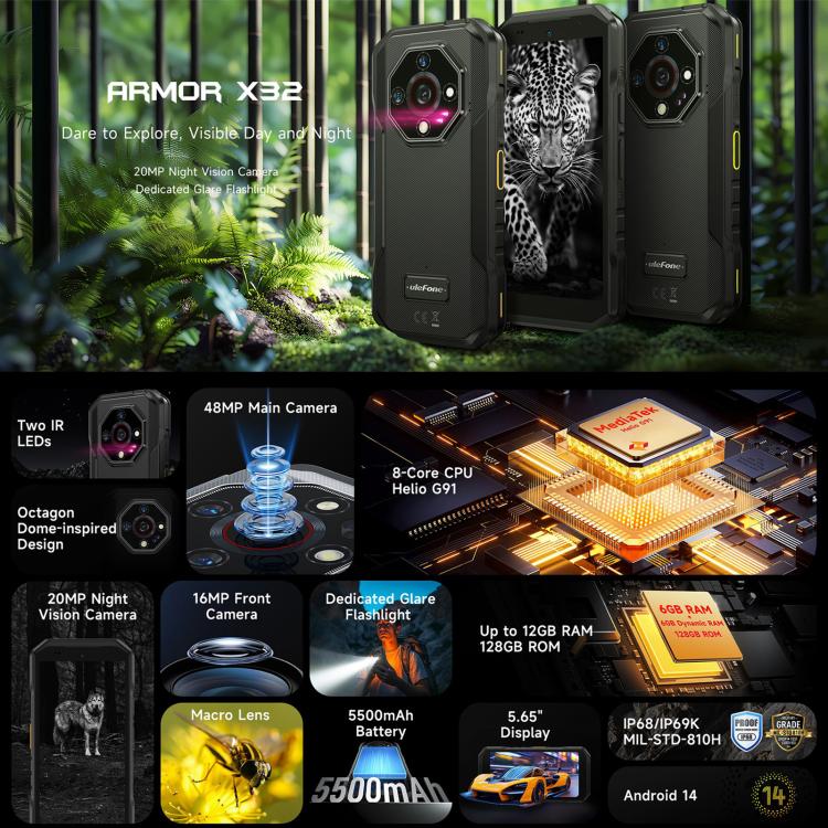 Ulefone Armor X32，8GB+256GB，夜視，IP68/IP69K三防機  5.65英寸安卓14 MediaTek Helio G91八核, 網絡：4G, NFC, OTG