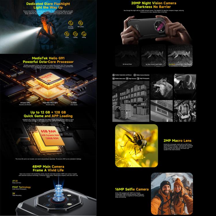 Ulefone Armor X32，8GB+256GB，夜視，IP68/IP69K三防機  5.65英寸安卓14 MediaTek Helio G91八核, 網絡：4G, NFC, OTG