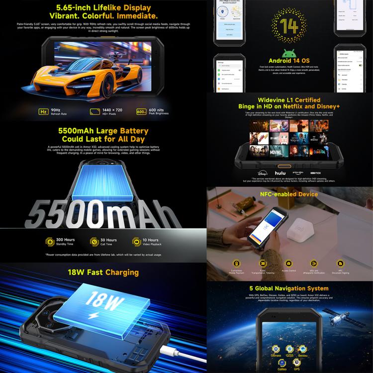 Ulefone Armor X32，8GB+256GB，夜視，IP68/IP69K三防機  5.65英寸安卓14 MediaTek Helio G91八核, 網絡：4G, NFC, OTG